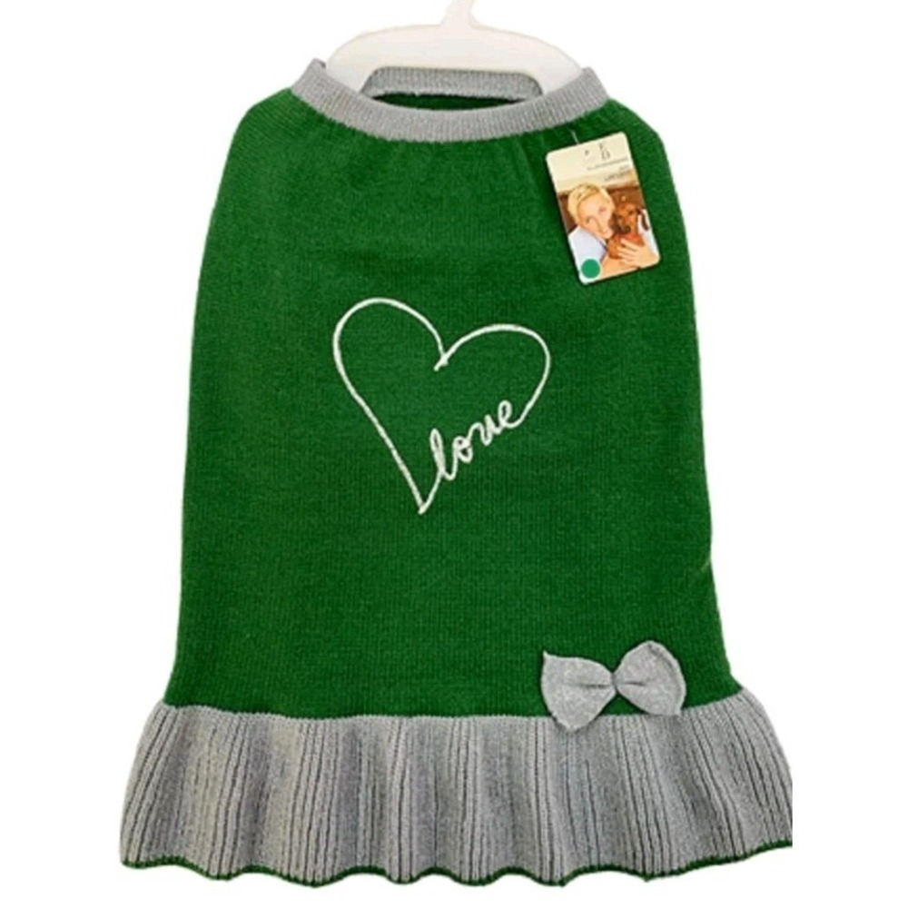 ELLEN DEGENERES KNIT DOG SWEATER DRESS Green Embroidered Heart Love SZ XL NWT